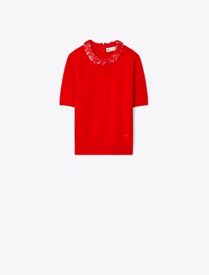 Tory Burch Wool And Sequin Short-sleeved Sweater In Classic Red