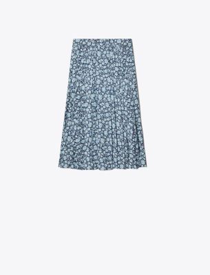 Tory Burch Pleated Silk Skirt In Blue Archive Ditsy