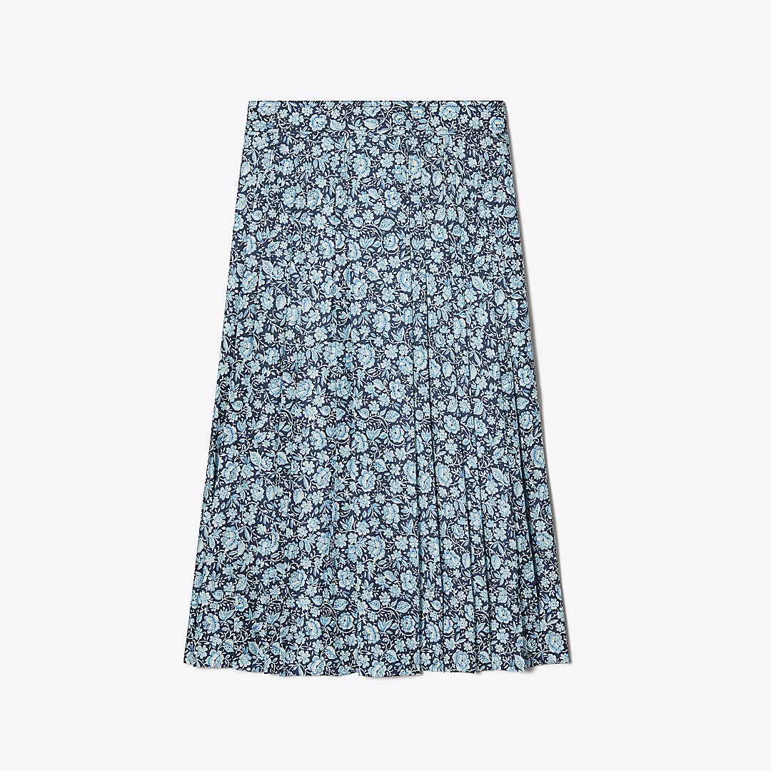 Tory Burch Pleated Silk Skirt In Blue Archive Ditsy