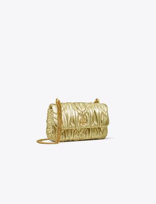 Tory Burch Mini Kira Metallic Diamond Ruched Flap Shoulder Bag In 18 Kt Gold