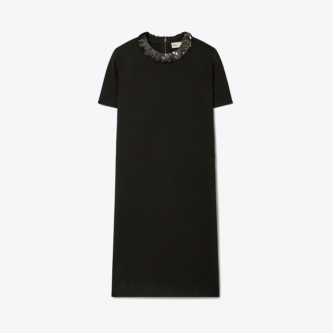 Tory Burch Sequin-collared Wool Sweater Dress In Black