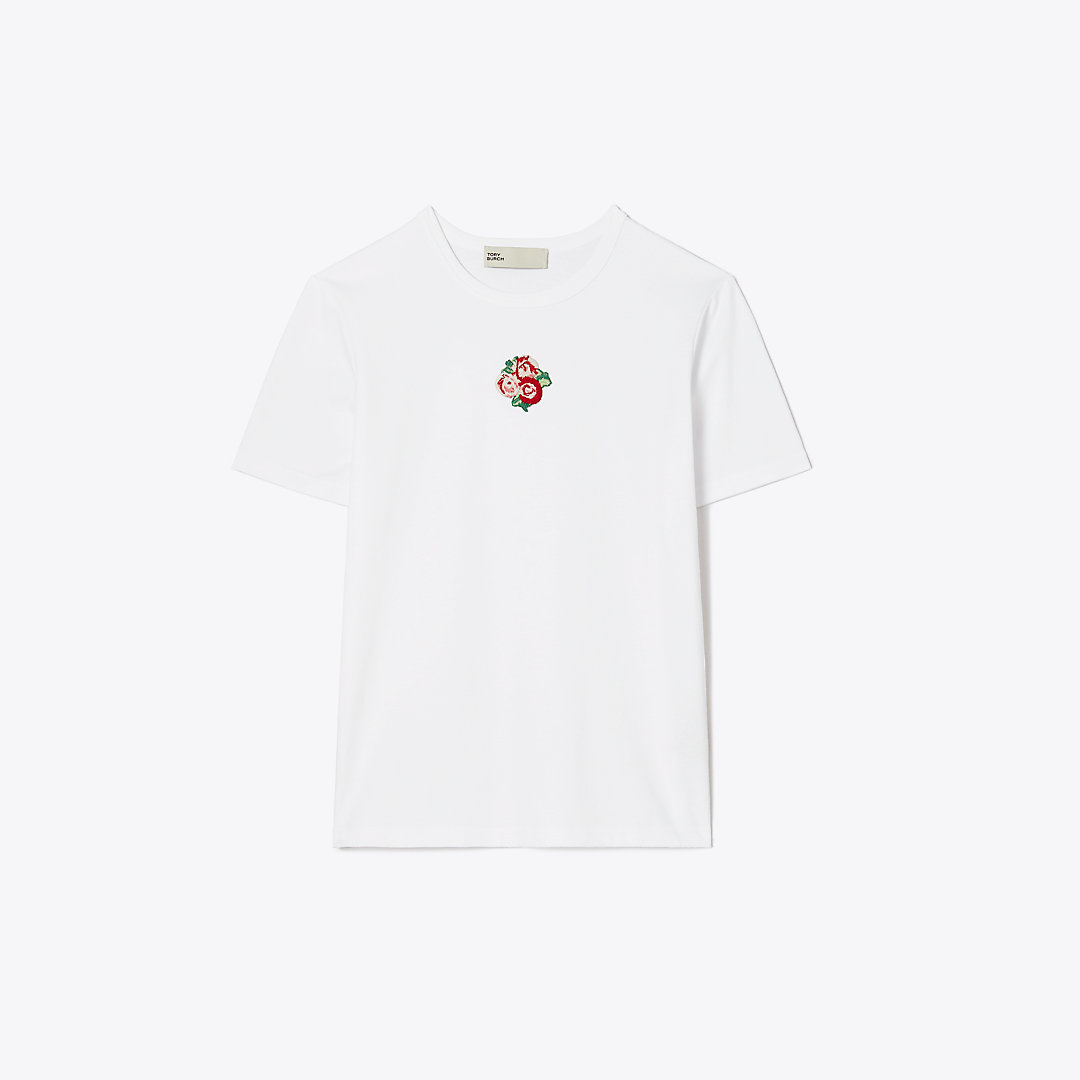 Tory Burch Embroidered Floral Tee In White Multi