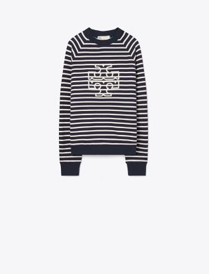 Tory Sport Tory Burch French Terry Striped Logo Crew In Tory Navy/snow White