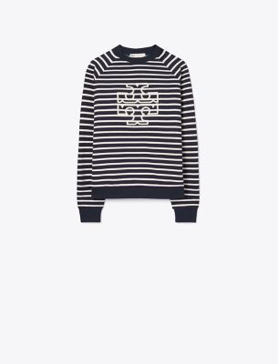 Tory Sport Tory Burch French Terry Striped Logo Crew In Tory Navy/snow White