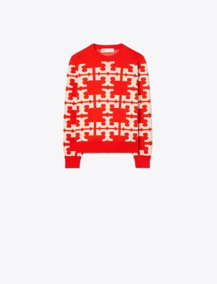 Tory Burch Wool Logo Sweater In Red T Logo Allover