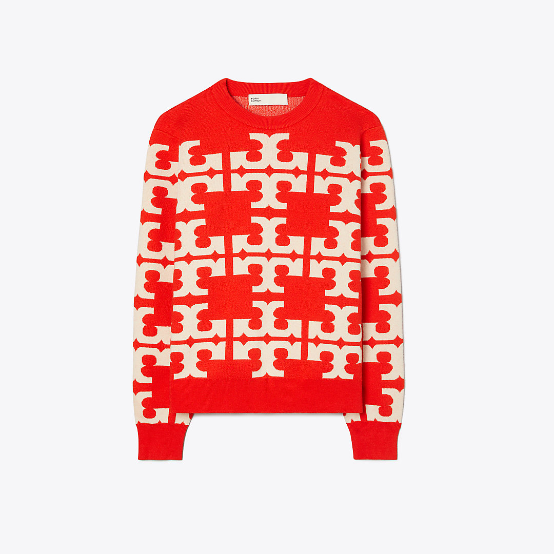 Tory Sport Tory Burch Wool Logo Sweater In Red T Logo Allover