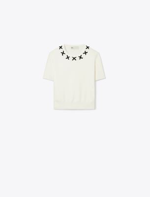 Tory Sport Tory Burch Embroidered Wool Sweater In New Ivory/black