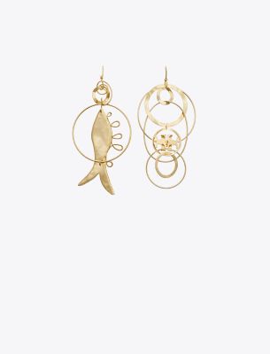 Tory Burch Mismatched Fish Earring In Rolled Light Brass