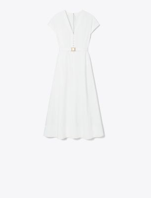 Shop Tory Burch Waisted V-neck Poplin Dress In White