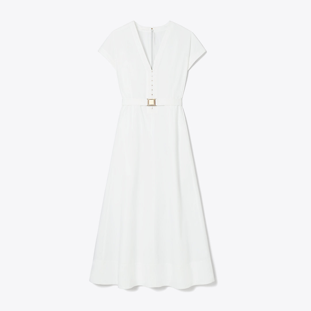 Shop Tory Burch Waisted V-neck Poplin Dress In White