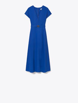 Shop Tory Burch Waisted V-neck Poplin Dress In Duchess Blue
