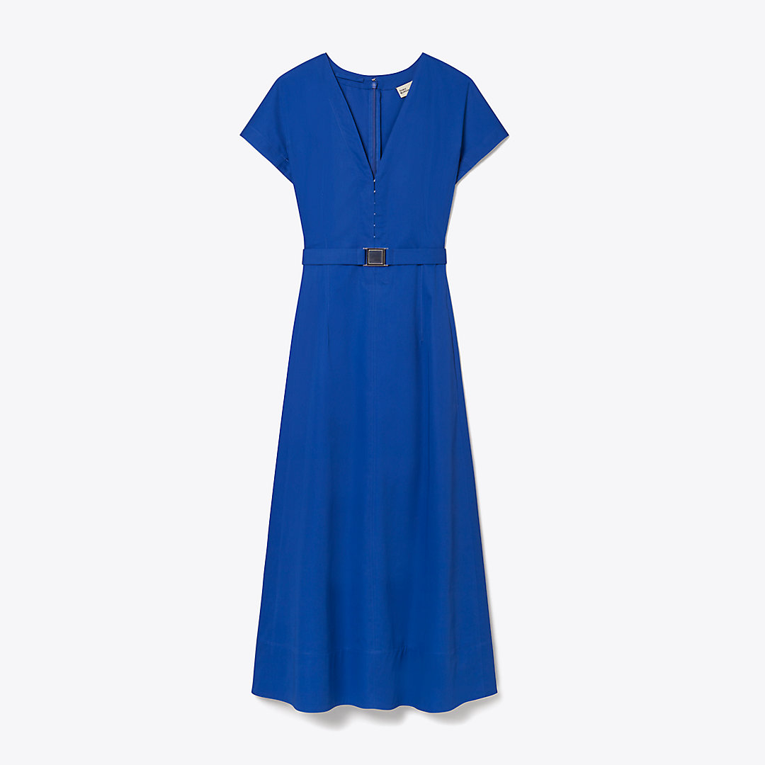 Shop Tory Burch Waisted V-neck Poplin Dress In Duchess Blue