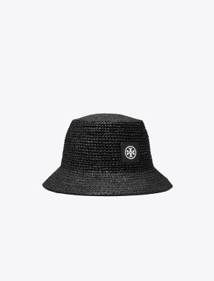Tory Burch Straw Bucket Hat In Black