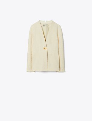 Shop Tory Burch Slim Tweed Jacket In White/ivory