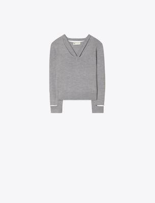 Tory Burch V-neck Wool Pullover In Slate Melange