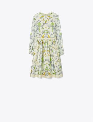 Shop Tory Burch Printed Silk Twill Dress In Beige Rabbit Field