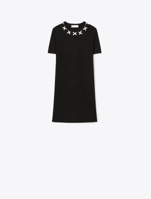 Shop Tory Burch Embroidered Sweater Dress In Black/new Ivory