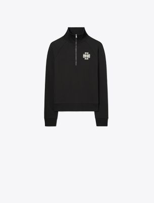 Tory Sport French Terry Half Zip Cotton Sweatshirt In Black