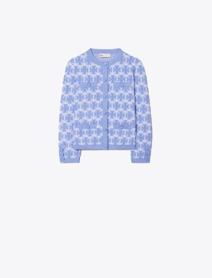 Tory Burch Double T-monogram Knit Cardigan In Blue Hydrangea/white