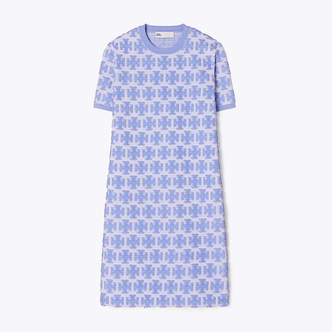 Shop Tory Burch Logo Bouclé Dress In Blue Hydrangea/white
