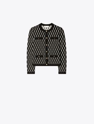 Shop Tory Burch Kendra Jacquard Cardigan In Black/soft White