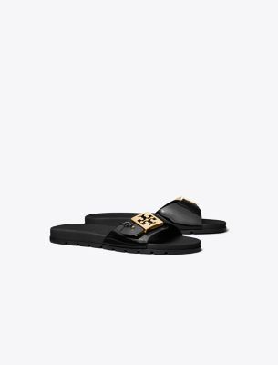 Shop Tory Burch Buckle Slide In Perfect Black/gold/perfect Black