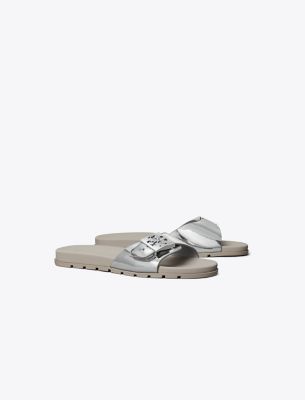 Shop Tory Burch Buckle Slide In Silver/silver/aluminum