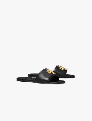 Tory Burch Eleanor Leather Medallion Flat Slide Sandals In Perfect Black/gold