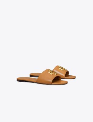 Tory Burch Eleanor Slide Logo-plaque Sandals In Caramel Corn