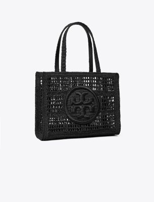 Tory Burch Ella Small Crochet Straw Tote Bag In Black