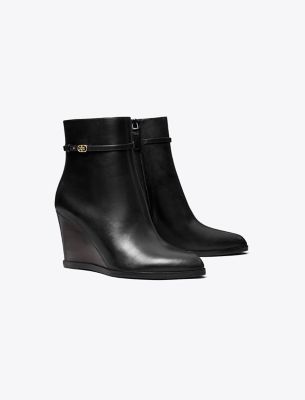 Shop Tory Burch Double T Buckle Wedge Boot In Perfect Black