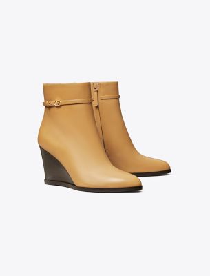 Shop Tory Burch Double T Buckle Wedge Boot In Ginger Shortbread