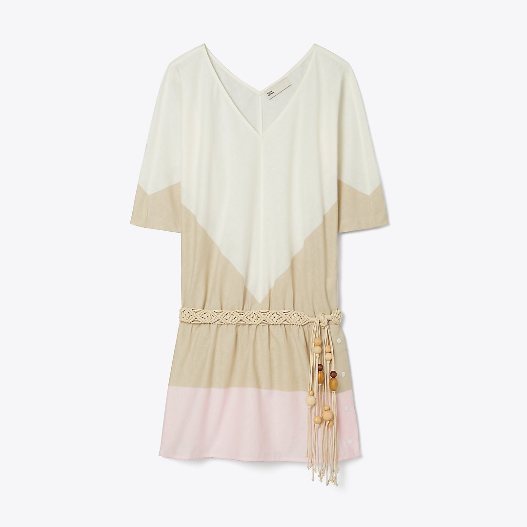 Shop Tory Burch Colorblock Cotton Flounce Dress In White/khaki/stone Pink