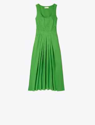 Tory Burch Pleated Linen Dress In Bright Leaf Green