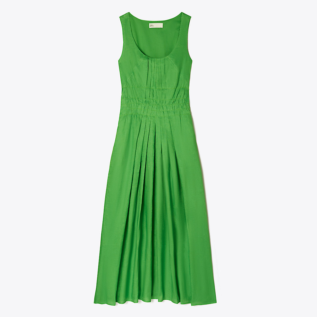 Tory Burch Pleated Linen Dress In Bright Leaf Green
