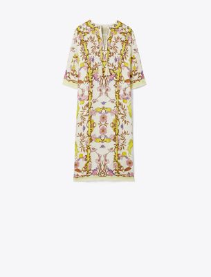 Tory Burch Floral-print Linen Kaftan Dress In Chartreuse Field Convo