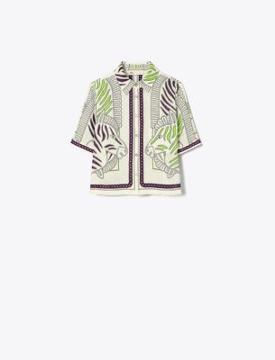 Shop Tory Burch Printed Linen Camp Shirt In Ivory Zebra Scarf