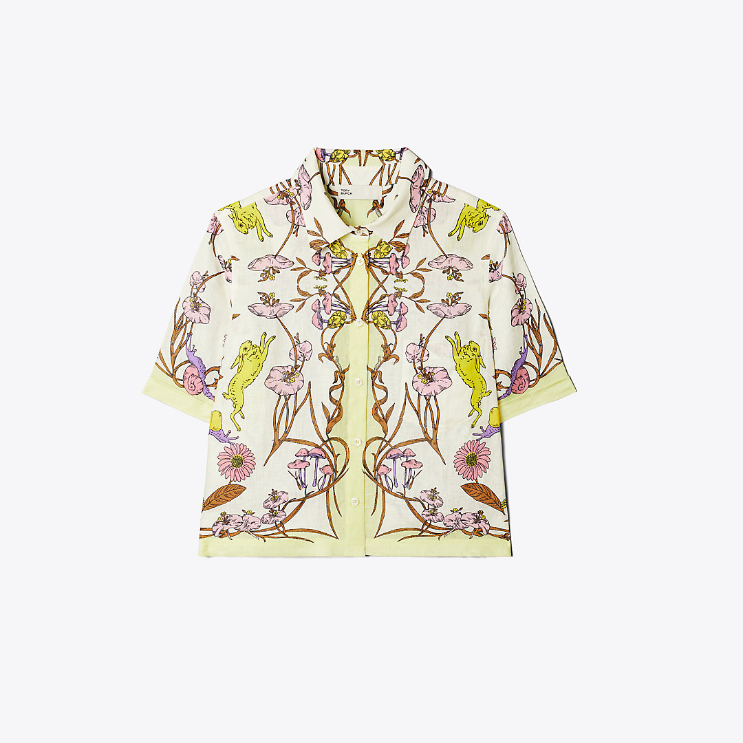 Shop Tory Burch Printed Linen Camp Shirt In Chartreuse Field Convo