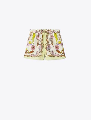 Shop Tory Burch Printed Linen Camp Short In Chartreuse Field Convo