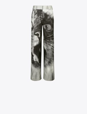 Tory Burch Cat Printed Cargo Pant In Gray Cat Portrait