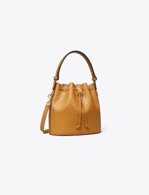 Tory Burch T Monogram Leather Bucket Bag In Tan