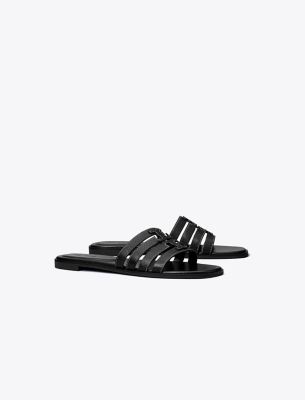 Tory Burch Ines Cage Black Sandals With Double T Motif In Leather Woman In Perfect Black/perfect Black