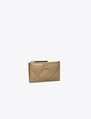 Tory Burch Kira Diamond Quilt Zip Card Case In Taupe Oak