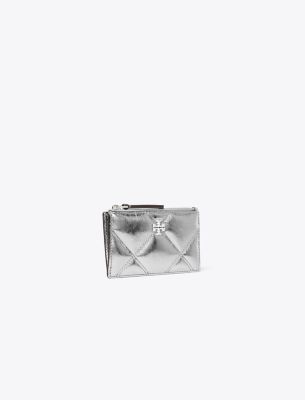 Tory Burch Kira Metallic Diamond Quilt Zip Card Case In Silver
