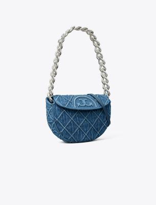 Tory Burch Mini Fleming Soft Denim Crescent Bag In Denim