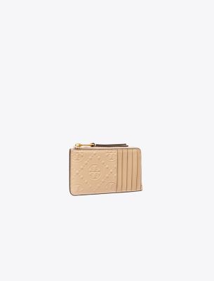 Tory Burch T Monogram Patent Embossed Zip Card Case In Warm Chai