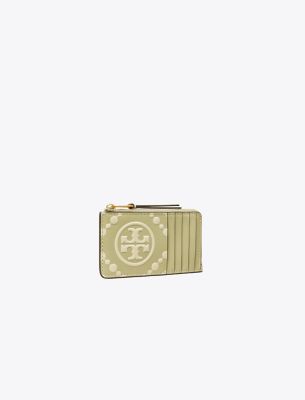 Tory Burch T Monogram Contrast Embossed Leather Zip Card Case In Olive Sprig
