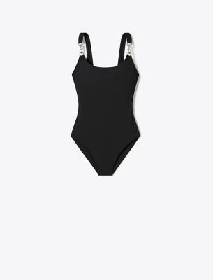 Tory Burch Clip Tank Swimsuit In Black/silver
