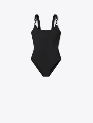 Tory Burch Clip Tank Scoop-neck One-piece Solid Swimsuit In Black/black