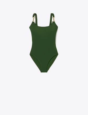 Tory Burch Clip Tank Swimsuit In Dark Rainforest